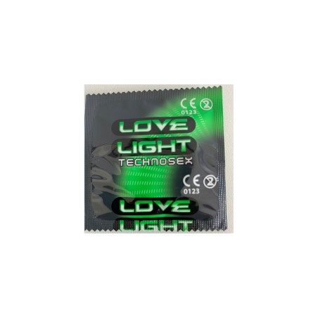 Detalle del condón fosforescente LOVE LIGHT con superficie lisa, lubricación y depósito para mayor seguridad y comodidad