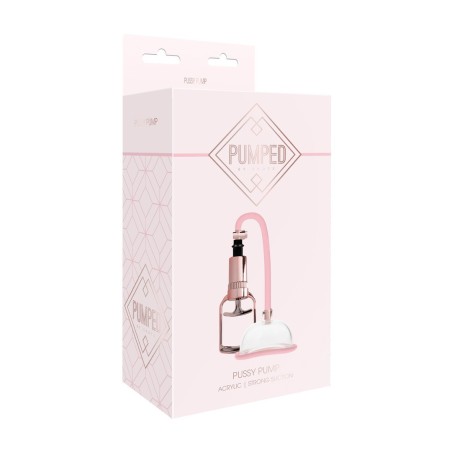 Caja y set completo Pussy Pump PUMPED: ventosa acrílica, bomba manual y manguera con clip para succión clitoriana ajustable
