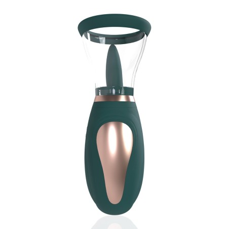 Copa vulvar colocada; succión al vacío ajustable desde los botones para mayor plenitud y despertar sensorial antes del juego